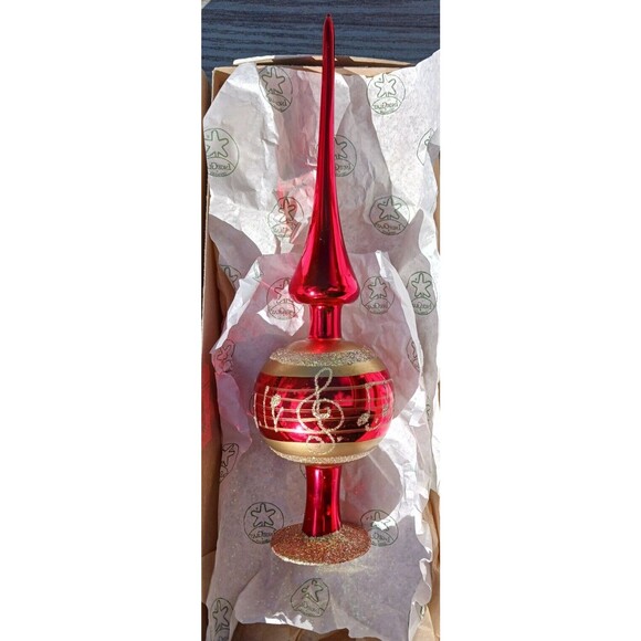 Inge Glas Red & Gold German Blown Glass Melody Finial Christmas Tree Topper +Box - Picture 7 of 11